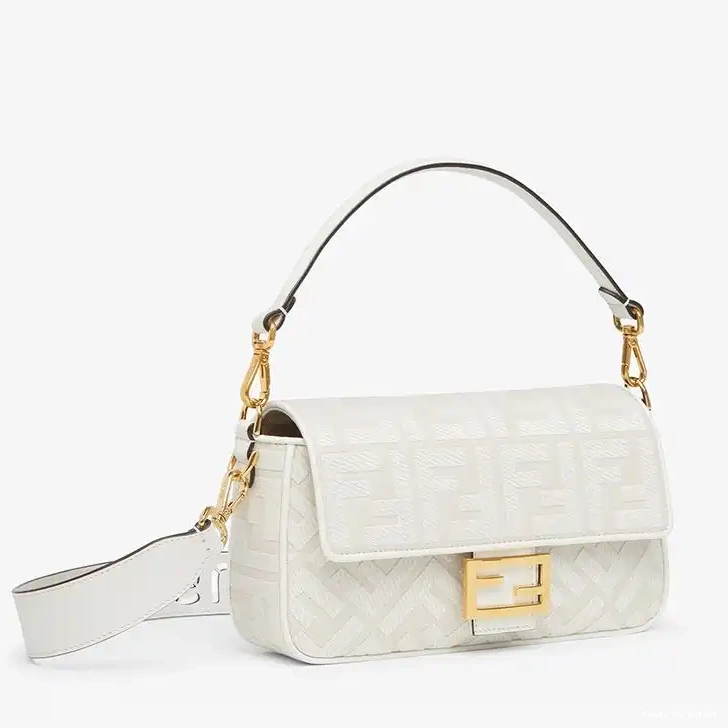 Cheap HOT White Baguette Bag Canvas In with Strap Medium Cut Laser Fendi FF Motif 0525